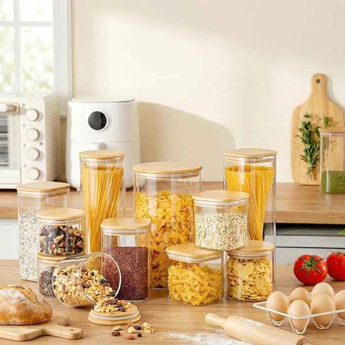 HomArtist Square Glass Jars with Bamboo Lids 17 FL OZ [Set of 12], Glass Canisters with Airtight Lids, Glass Food Storage Containers for Spice, Sugar, Tea, Candies, Cookies, Best for Kitchen & Pantry