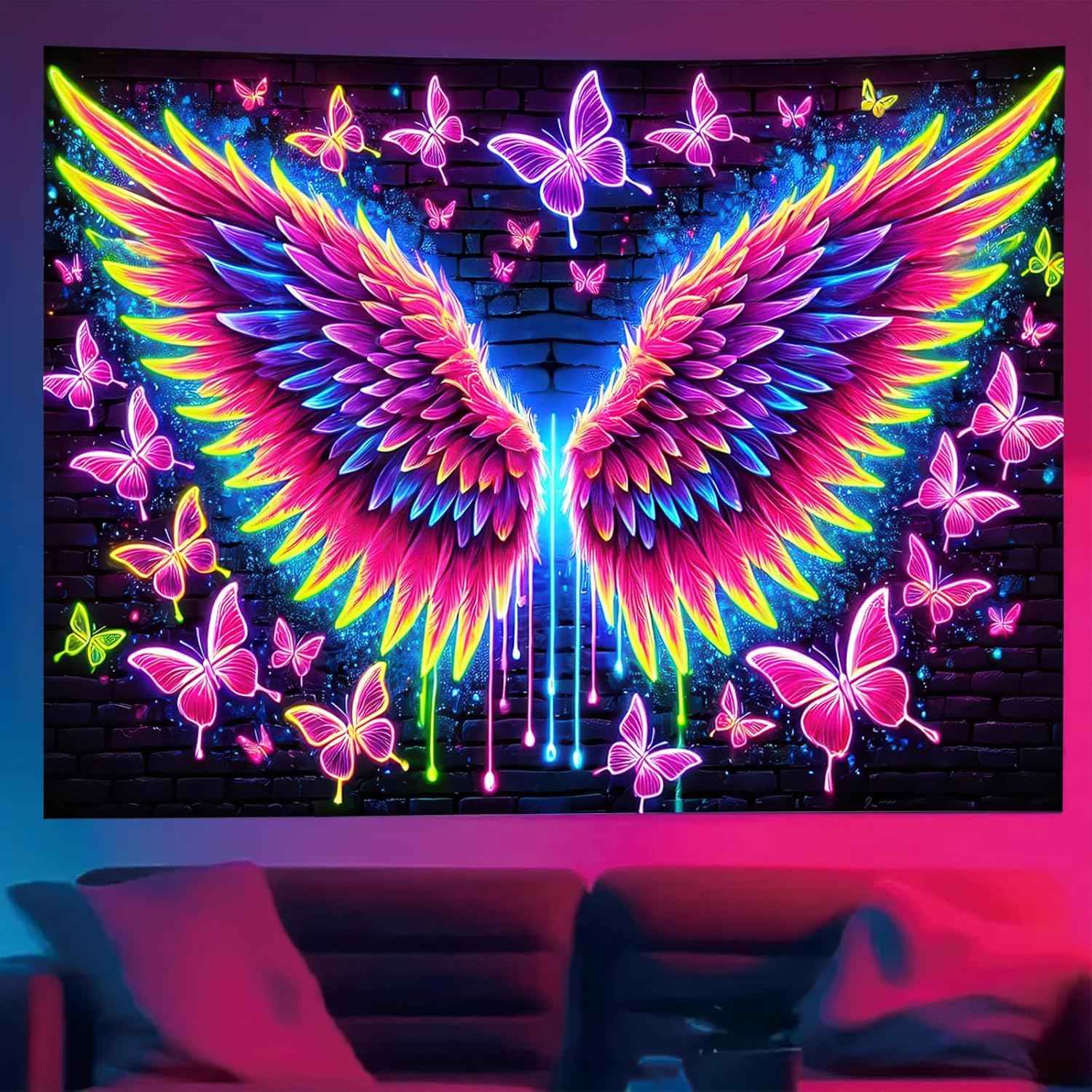 Starlit Patio Blacklight Angel Wings Tapestry UV Reactive Glow in The Dark Butterflies Wall Hanging Trippy Fluorescent Neon Art Poster for Bedroom Living Room Dorm Aesthetic Decor 78 x 59 Inches