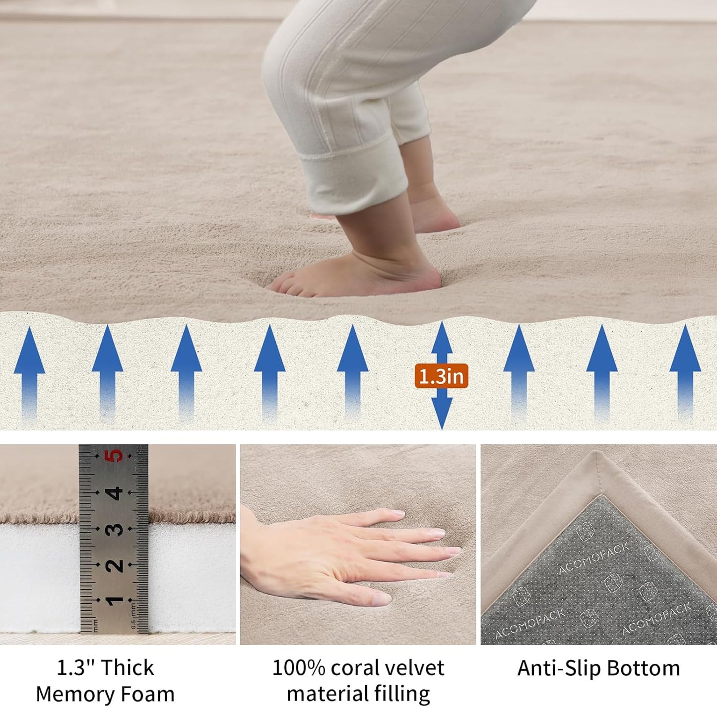 ACOMOPACK Baby Play Mat for Floor,1.3" Thick Memory Foam Area Rug for Living Room,Soft Velvet Crawling with Non-Slip Bottom for Kid,Toddler,71"×79" Tummy Time Nursery Rugs,Yoga（Beige）