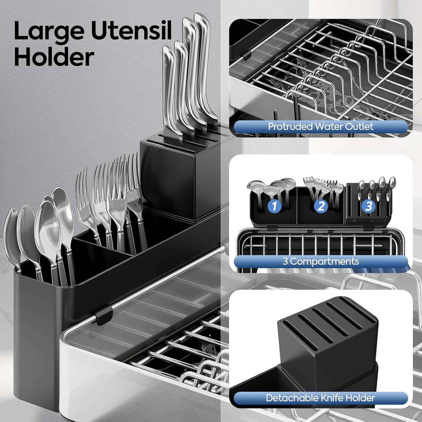 Urackify Dish Drying Rack for Kitchen Counter - Stainless Steel Dish Drainer with Drain Board, Removable Utensil Holder, Rust-Proof Plate, Non-Slip Feet, Large Capacity for 10 Plates 6 Bowls 4 Cups