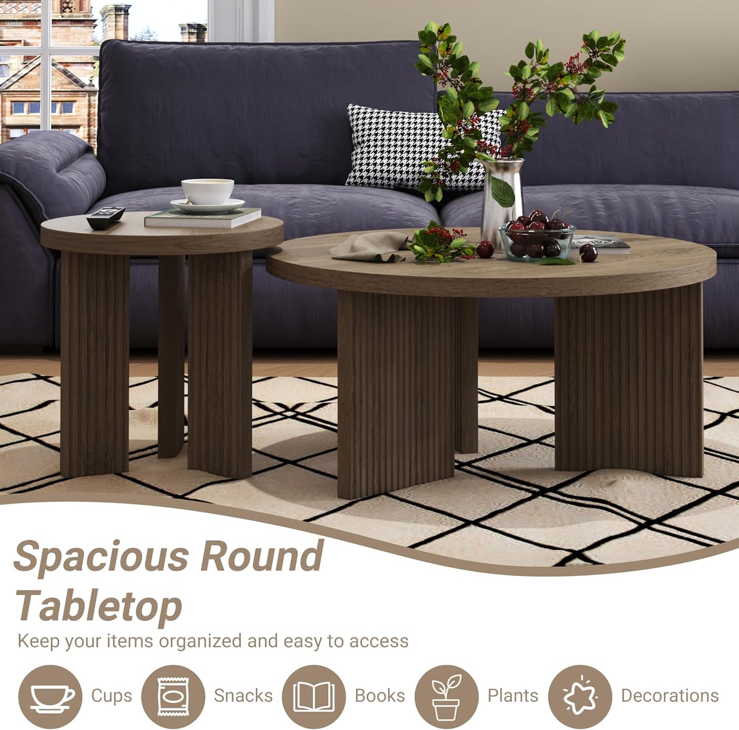 Nesting Coffee Table Set of 2, Modern Wooden Coffee Table with Smooth Thick Design, Circle Tea Table and End Table Set, Accent Center Tables for Living Room, Office, Brown