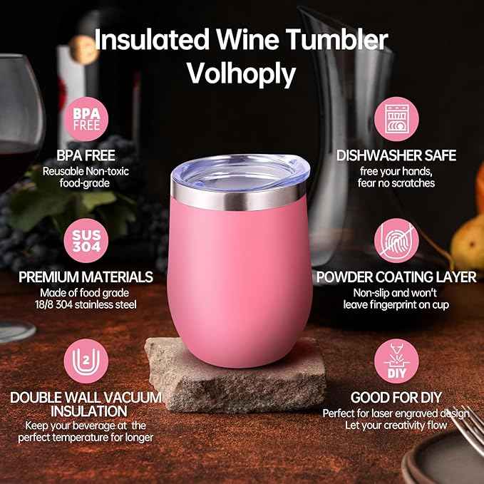 Volhoply 12oz Stainless Steel Wine Tumbler with Lid Bulk 12 Pack,Double Wall Vacuum Stemless Wine Glasses,Reusable Metal Travel Coffe Mug with Straw,Insulated Cups Gifts for Christmas（Pink,12 Set）