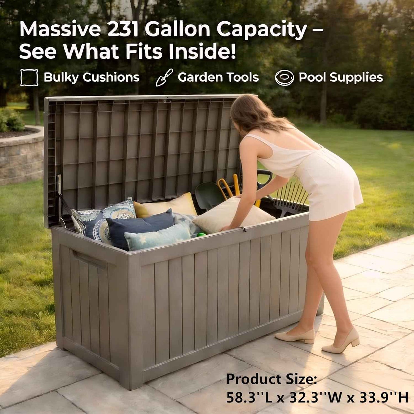 Large 231 Gallon Resin Deck Box, Heavy Duty Lockable Patio Storage Box Outdoor, Waterproof Tool Box for Garden Furniture Cushions & Pool Supplies, Wood Grain Outdoor Storage Bench for Backyard