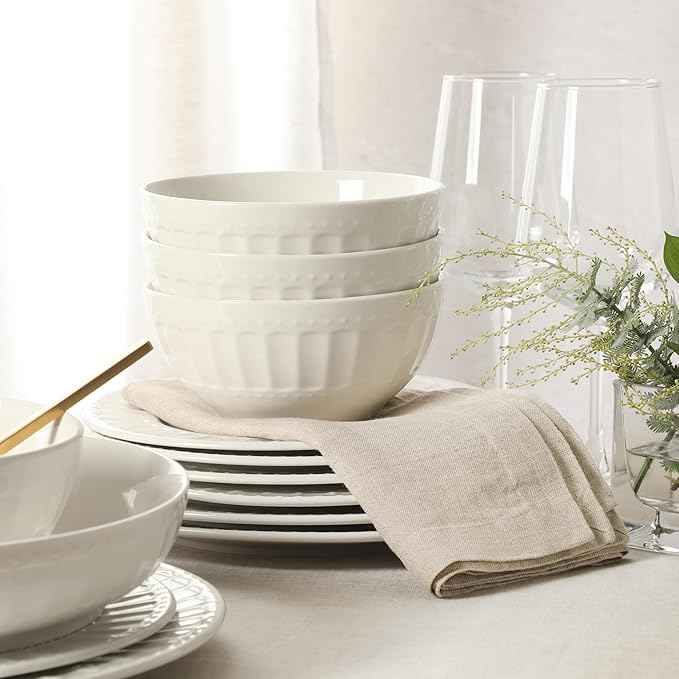 Gibson Home Melbourne White Plates and Bowls Set, 16 Piece Embossed Ceramic Dinnerware Set - Service for 4 Dishes - With Pasta Bowl