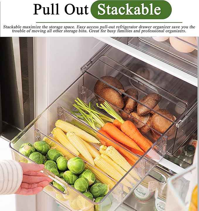 bealy 4 Pack Clear Storage Drawer Set, Stackable Fridge Drawer Organizer Fruit Vegetable Storage Containers for Kitchen Pantry Organization,BPA-Free