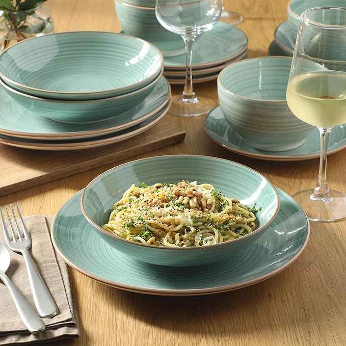 Gibson Home Stonebury 16 Piece Plates and Bowls Teal Dishes - Handpainted Stoneware Dinnerware Set - Service for 4