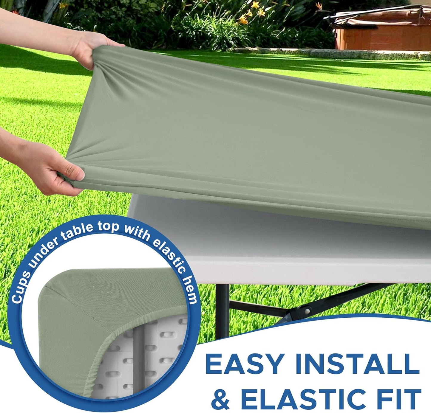 Fitted Tablecloth for 8 Foot Rectangle Tables-6 Pack Sage Elastic Outdoor Picnic Table Cover-Spandex Stretch Folding Table Cloths 8ft for Camping Dining Room Patio Kitchen Banquet Party