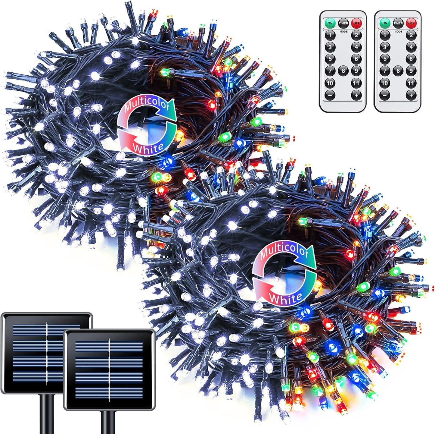 JMEXSUSS 2 Pack White & Multicolor Solar Christmas Lights Outdoor, Each 100 LED 33ft Solar Color Changing Lights Outdoor Waterproof for Christmas Tree Yard Decorations