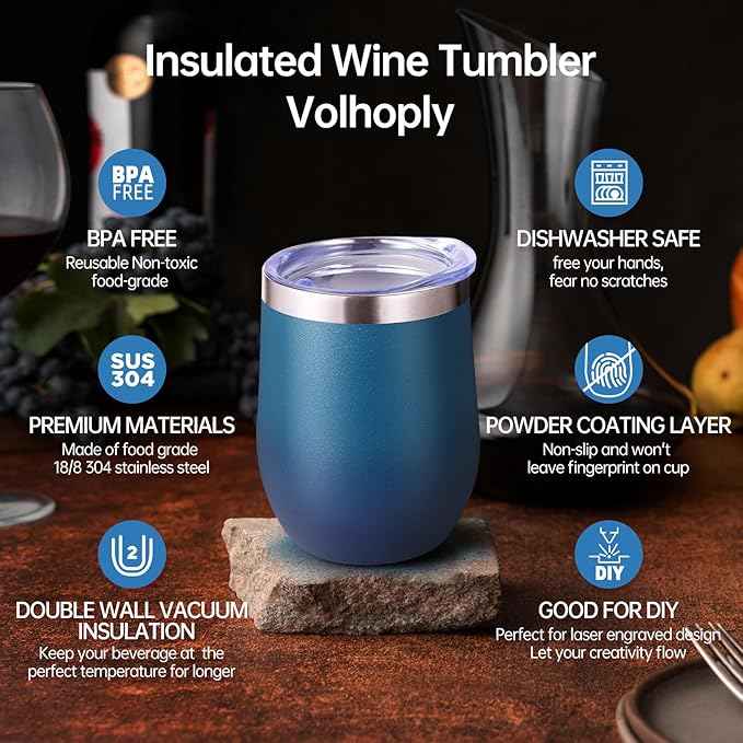 Volhoply 12oz Stainless Steel Wine Tumbler with Lid Bulk 8 Pack,Double Wall Vacuum Stemless Wine Glasses,Reusable Metal Travel Coffe Mug with Straw,Insulated Cup Gifts for Christmas（Dark Night,8 Set）