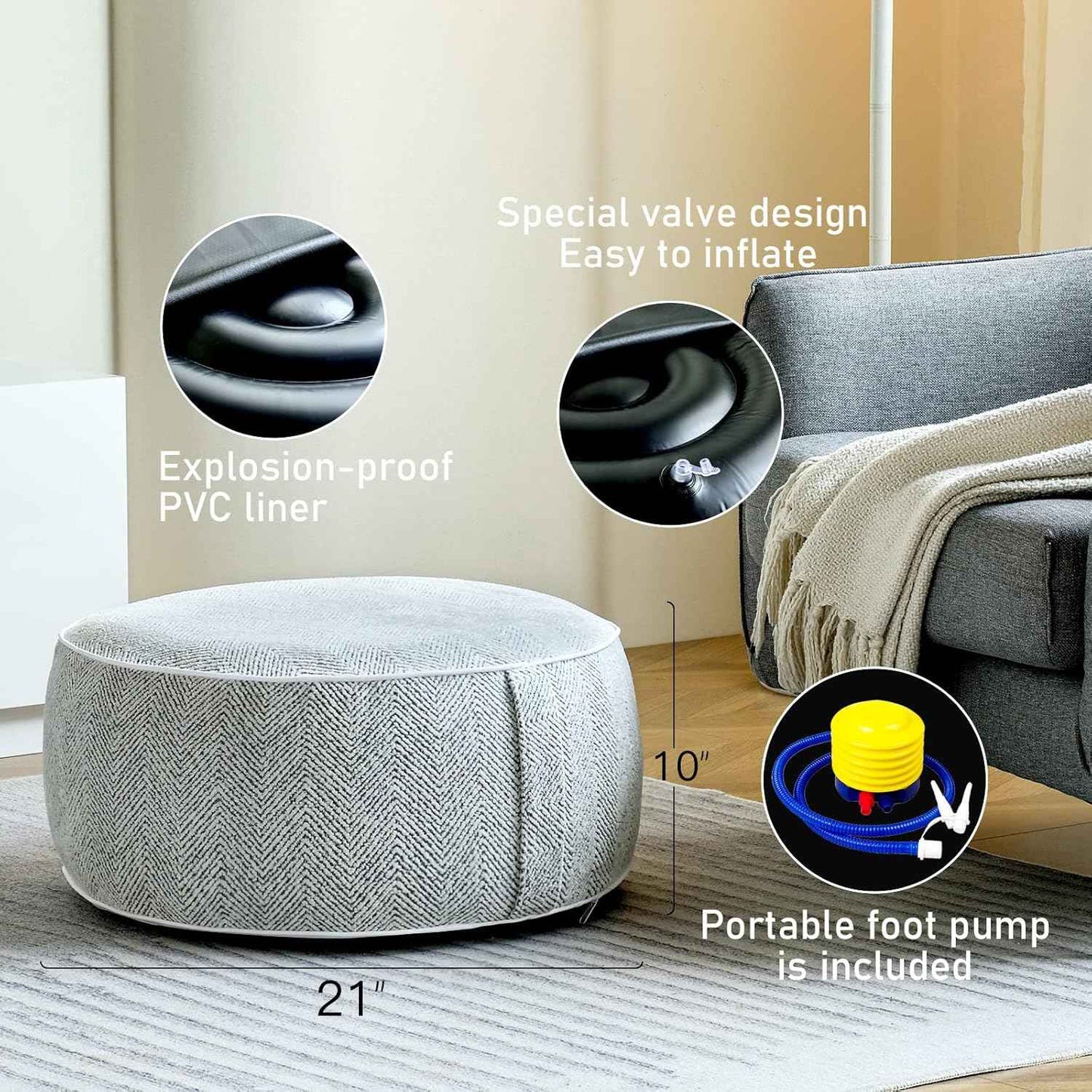 Inflatable Pouf Ottoman, 21x10 Inches Stuffed Chenille Ottoman with Inflatable PVC Liner, Foot Rest with Portable Handle, Round Floor Pillow for Living Room, Bedroom, Kids Room