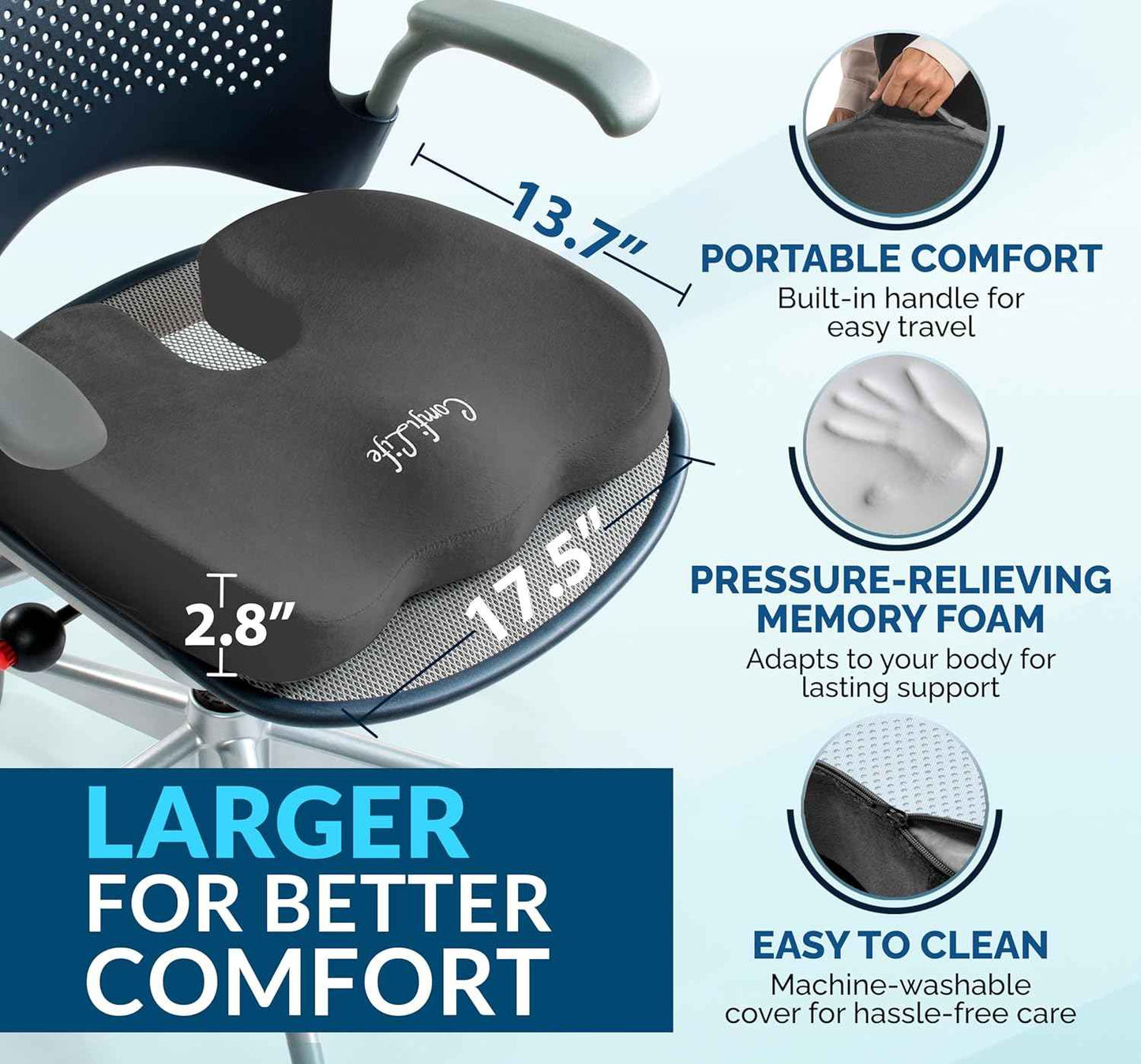 ComfiLife Premium Gel & Memory Foam Seat Cushion – Doctor Recommended Office Chair Cushion, Car Seat Cushion – Chair Cushions for Back & Sciatica Pain Relief – Seat Cushions for Office Desk (Charcoal)