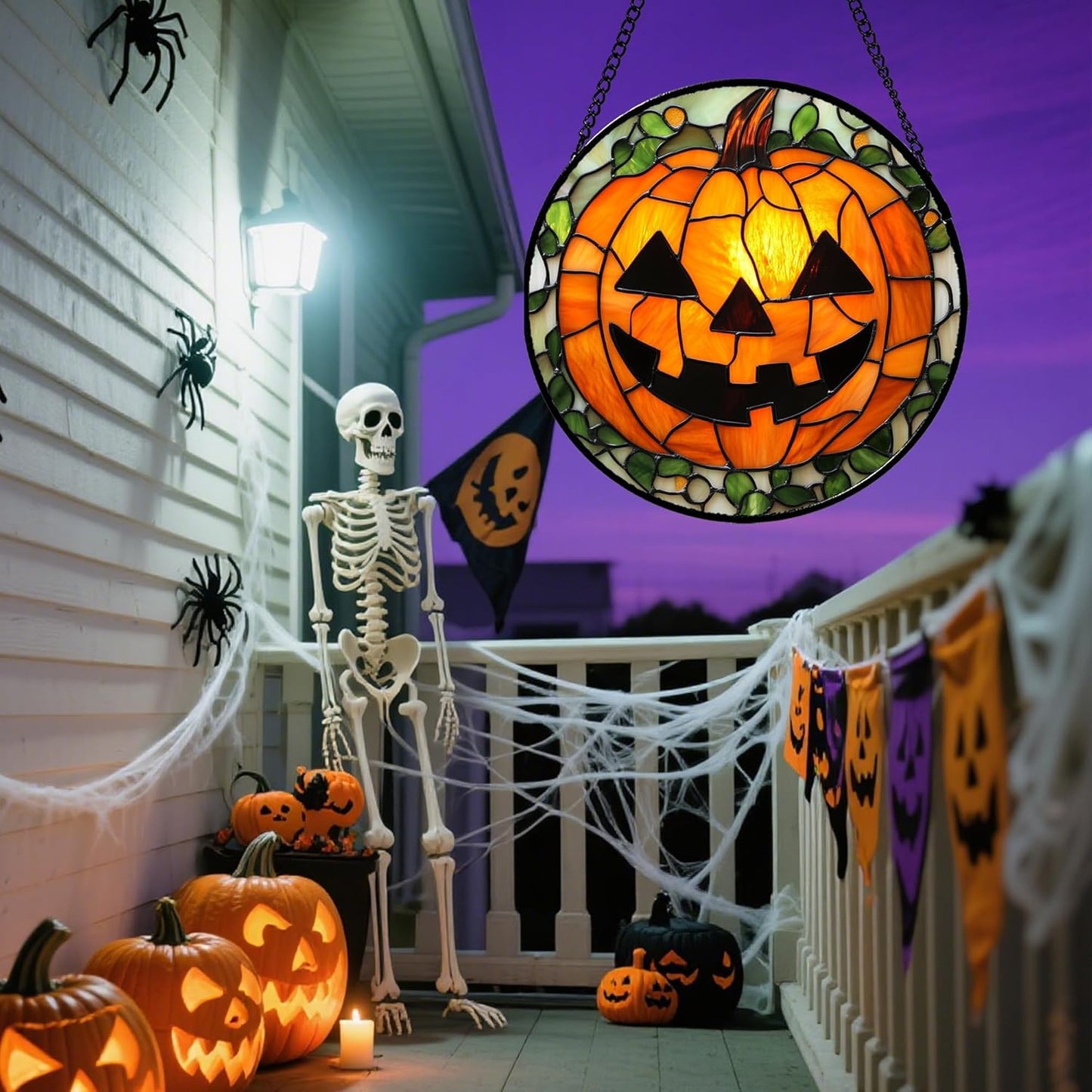 Stained Glass Window Hanging, Halloween Decorations Evil Pumpkin Suncatcher for Doors Garden Indoor Spooky Funny Orange Sun Catchers Gothic Decor Horror Gifts for Women Men Friend 15 in