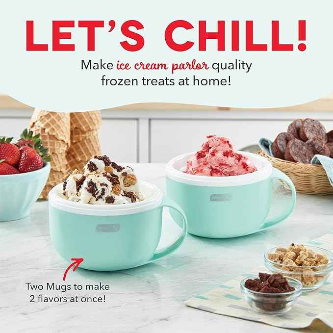 Dash My Mug Ice Cream Maker - Makes Single Serving of Gelato, Frozen Yogurt, Sorbet & More - Easy to Clean & Use - Aqua, 2 Bowls