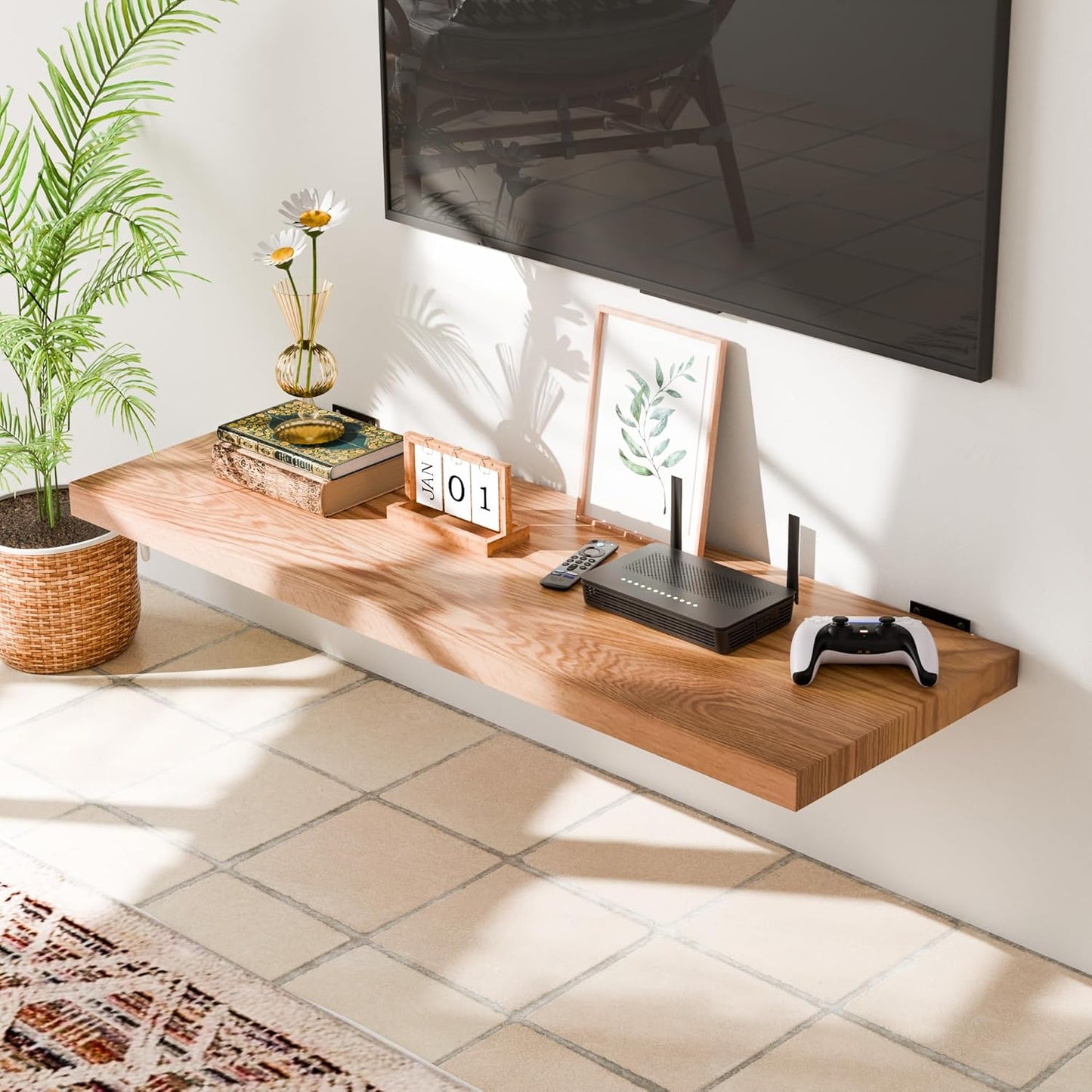 36 Inch Solid Oak Floating Shelves - Natural Wood 12 Inch Deep Wall Shelf, Rustic Display Shelf, Hanging Wall Shelf Decoration for Bedroom, Bathroom, Living Room