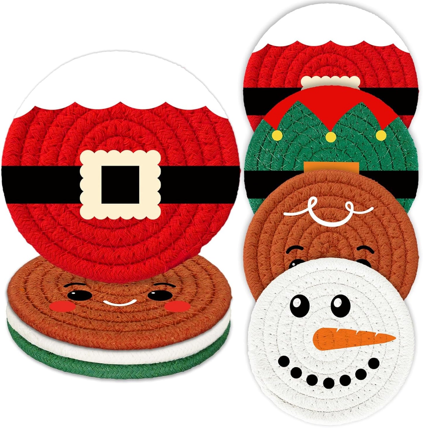Whaline Christmas Cartoon Cotton Coasters Funny Santa Gingerbread Snowman Handmade Braided Drink Coasters Absorbent Cup Mats for Xmas Holiday Party Home Table Decor, Set of 4