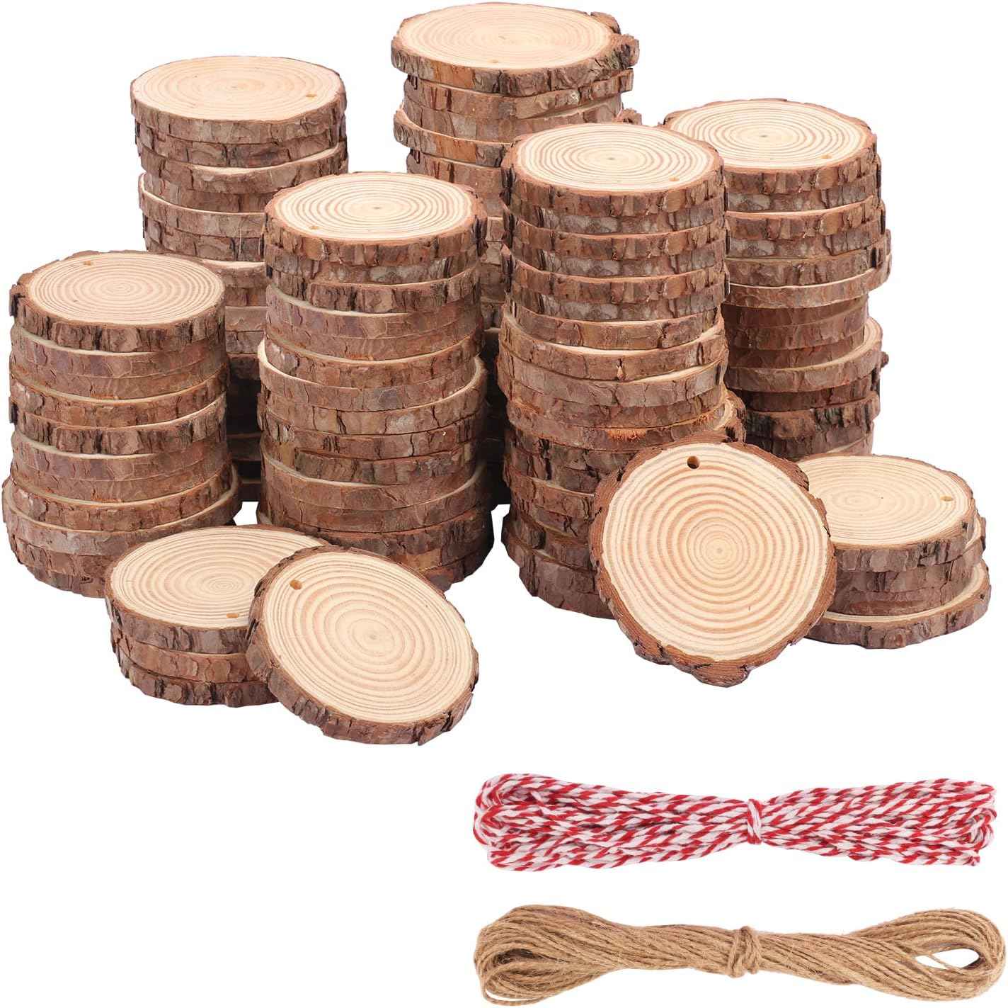 100 PCS 3.2-3.6inch Unfinished Wood Slices, Natural Wood Slices, Predrilled with Hole Wood Slice for DIY Arts Craft Christmas Ornaments