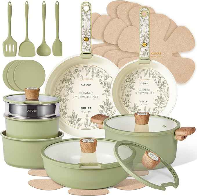 CAROTE 25-Piece Ceramic Cookware Set, Nonstick Pots and Pans Set with Detachable Handle, Non-Toxic Kitchen Cooking Set, Dishwasher & Oven Safe, Induction Compatible, PFAS Free, Mothers Day Gifts