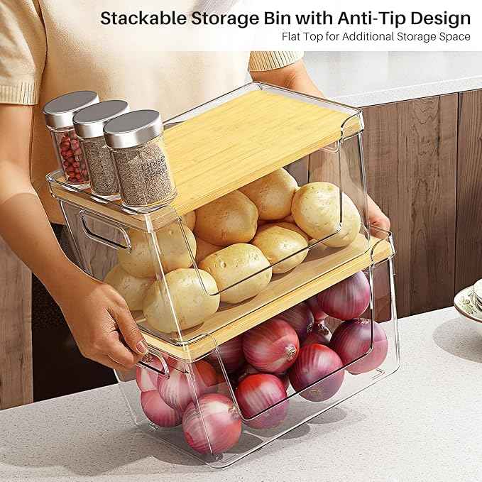 4 Set Pantry Organizer and Stackable Storage Kitchen,Sturdy and Durable Storage Basket for Potato, Onion, Garlic, Fruit, Vegetable, Produce, Clear Plastic Storage with Lid&Handle