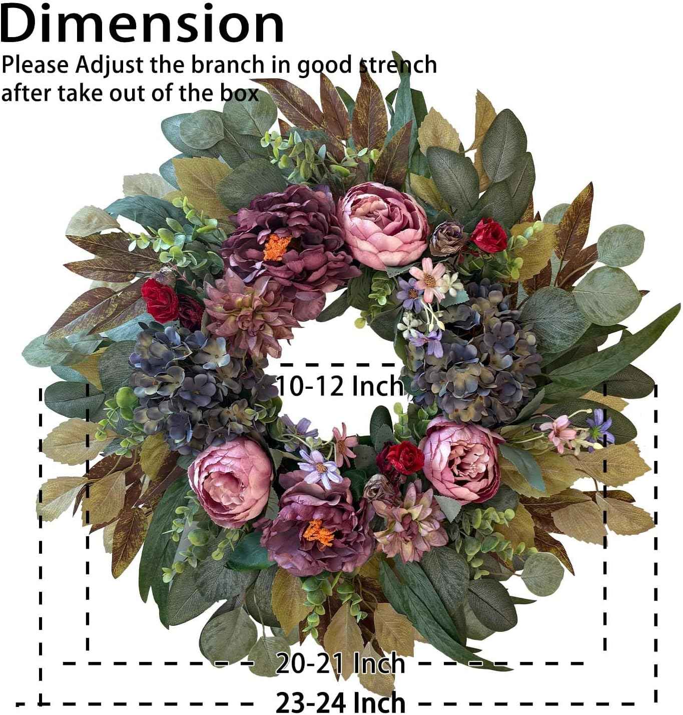 WANNA-CUL 24 Inch Spring Wreaths for Front Door Decor, Spring Front Door Wreath with Pink&Purple Peony Floral and Vintage Blue Hydrangea Flower for Wedding or Indoor&Outdoor Wreath Decoration