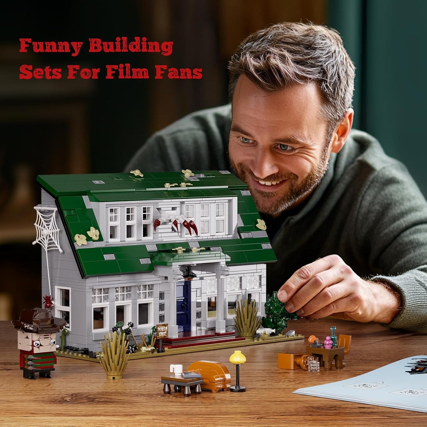 Halloween Nightmare Building House Set on Elm Street, Horror Movie Figure & Haunted House Building Blocks Toy, Compatible with Lego Gifts for Friends and Fans 18+ (1099 Pieces)