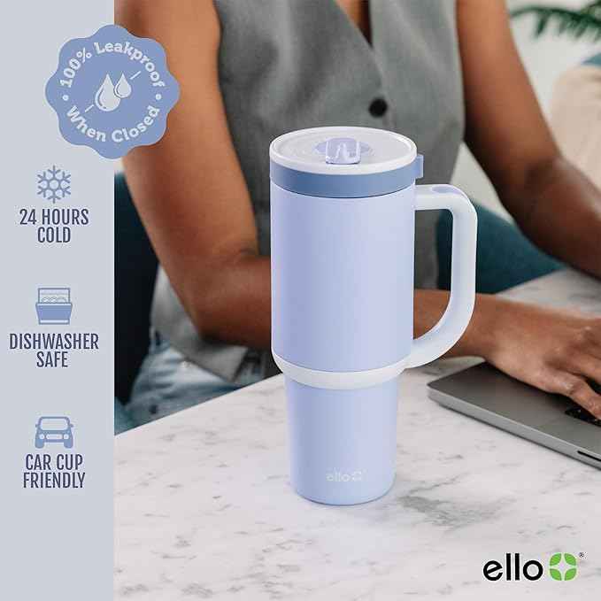 Ello Oasis 24oz Tumbler with Handle & Retracting Straw | Reusable Insulated Stainless Steel Cup 100% Leakproof, Gifts for Teens Women Men | Keeps cold for 24 Hours, Cup Holder Friendly, Twilight Blush