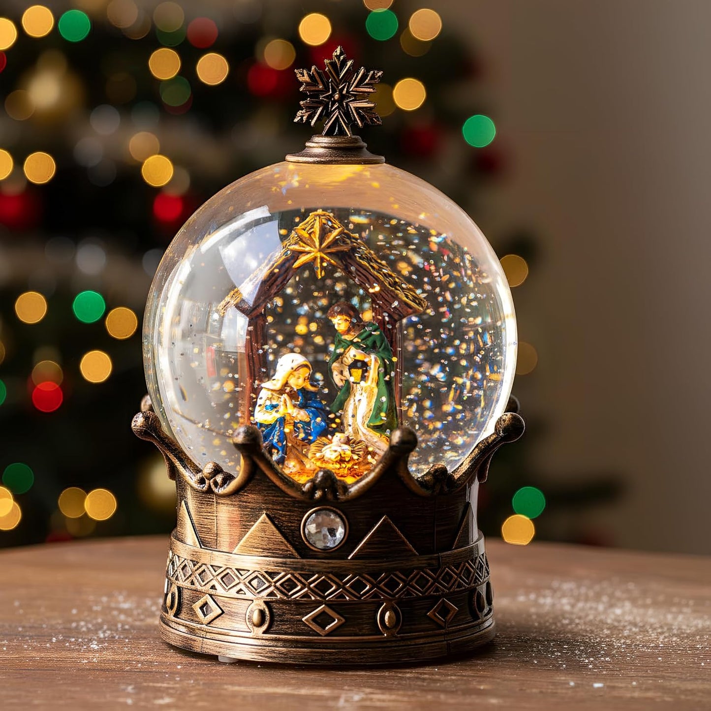 Christmas Snow Globe Lantern Water Glittering Nativity Crown with Music, USB Lined/Battery Operated Lighted Lantern for Christmas Festival Decoration Gifts