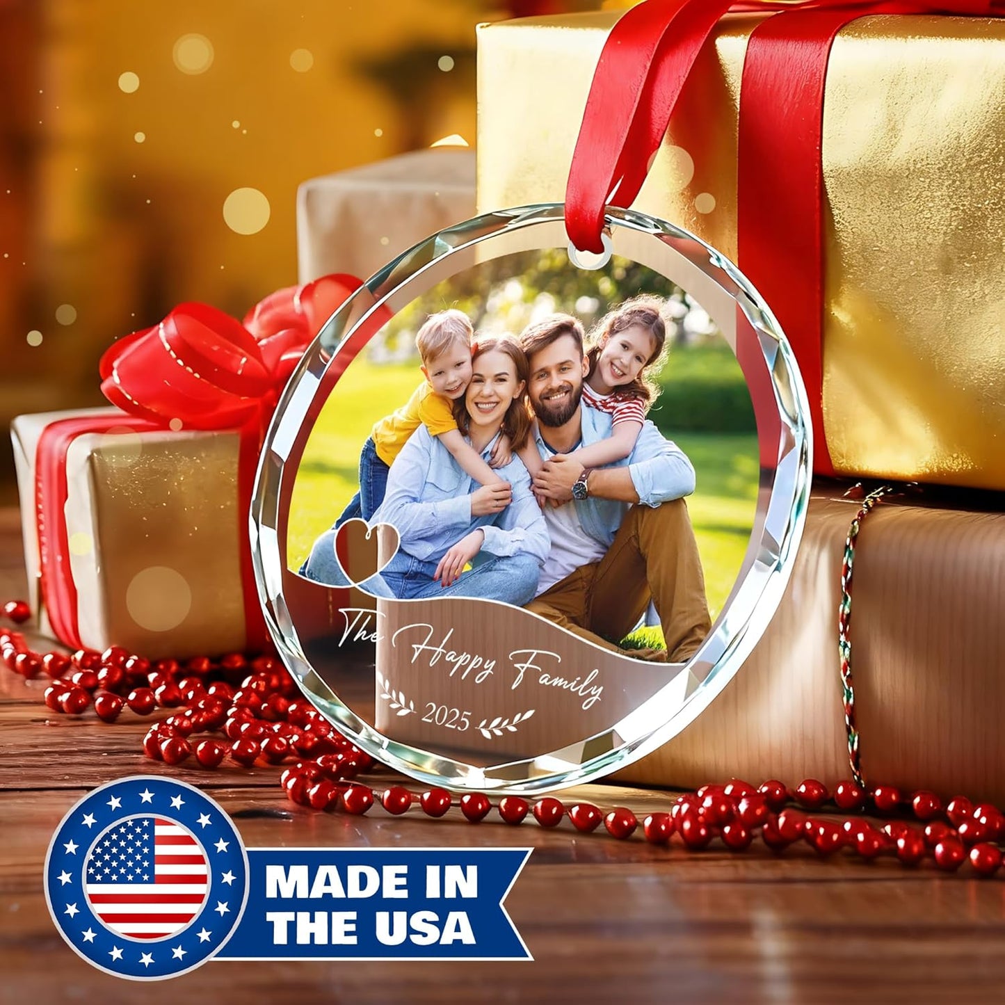 Personalized Family Christmas Ornaments 2025, Custom Crystal Ornament with Photo Text, Customized Picture Ornaments for Christmas Tree Xmas Keepsake Gifts for Family Dad Mom Couple Him Her