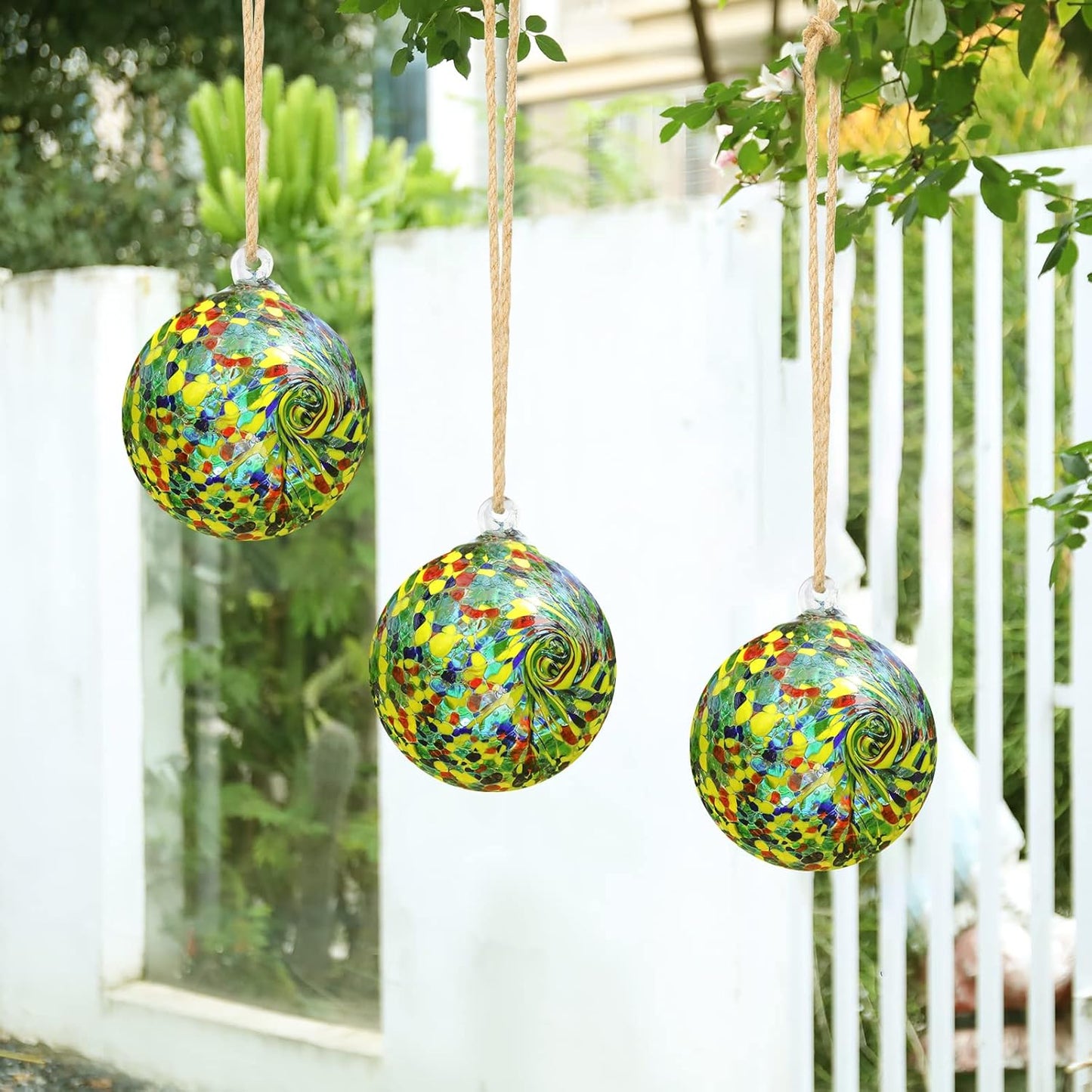 VCUTEKA Hanging Friendship Balls, Glass Ball Hand Made Witch Ball for Window Outdoor Garden Patio Décor, 6" Colorful Swirl