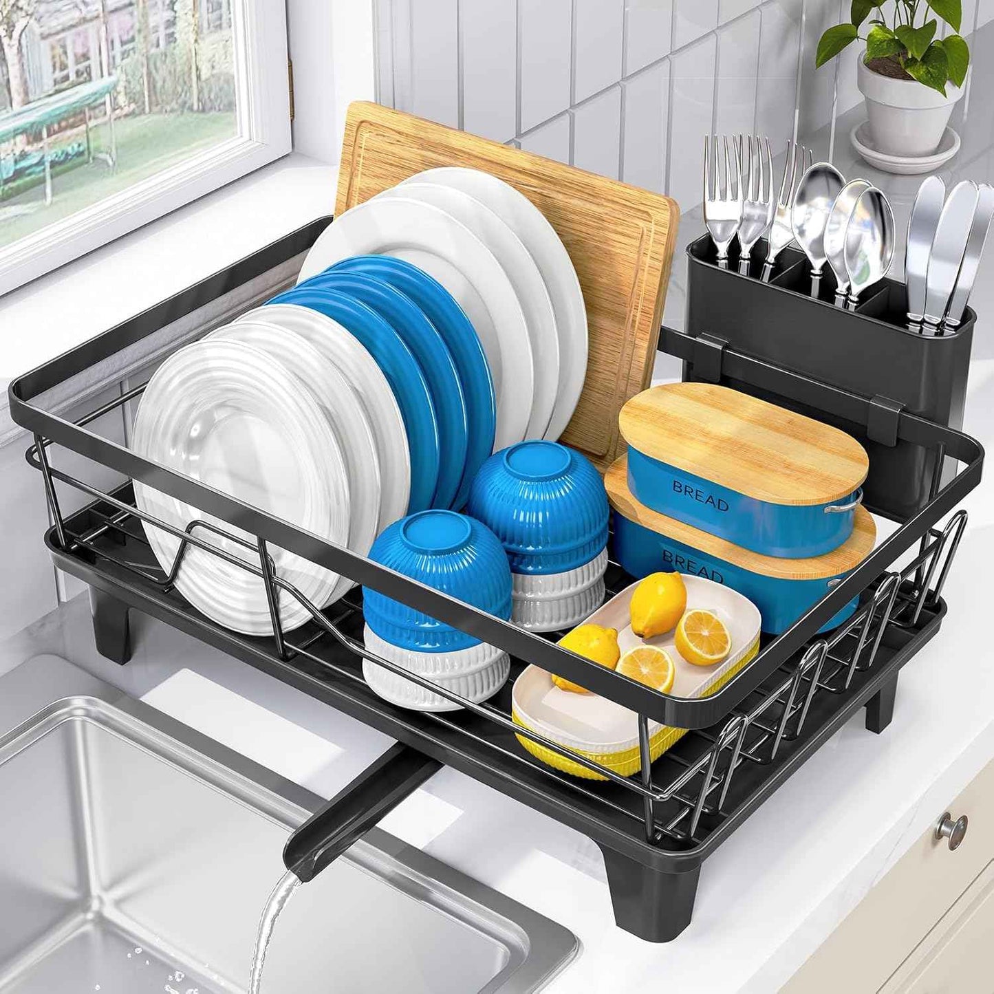 Urackify Dish Drying Rack for Kitchen Counter, Sink Dish Rack with Drainboard 12.2" W x 16.5" L, Large Dish Drainer with Cutlery Holder, Home Countertop Plate Dryer Storage Rack, Black