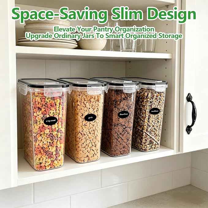 4 Pack 4L/135oz Cereal Storage Containers, Airtight BPA Free Plastic Cereal Dispenser with Lids, Large Dry Food Storage Canister for Pantry, Rice, Flour, Sugar, Pasta