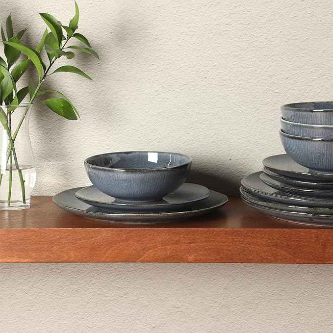 Gibson Elite Sandy Pines Stoneware Plates and Bowls Set - 12 Piece Reactive Glaze Dinnerware Set - Service for 4 - Dishwasher and Microwave Safe - Blue
