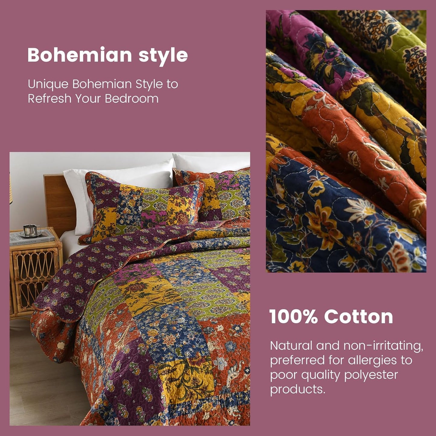 Secgo Queen Comforter Set for Bed - 100% Cotton Quilts Queen Size, Black Bedspreads (90 * 98 Inch) with 2 Pillow Shams, Patchwork Reversible Lightweight Bedding