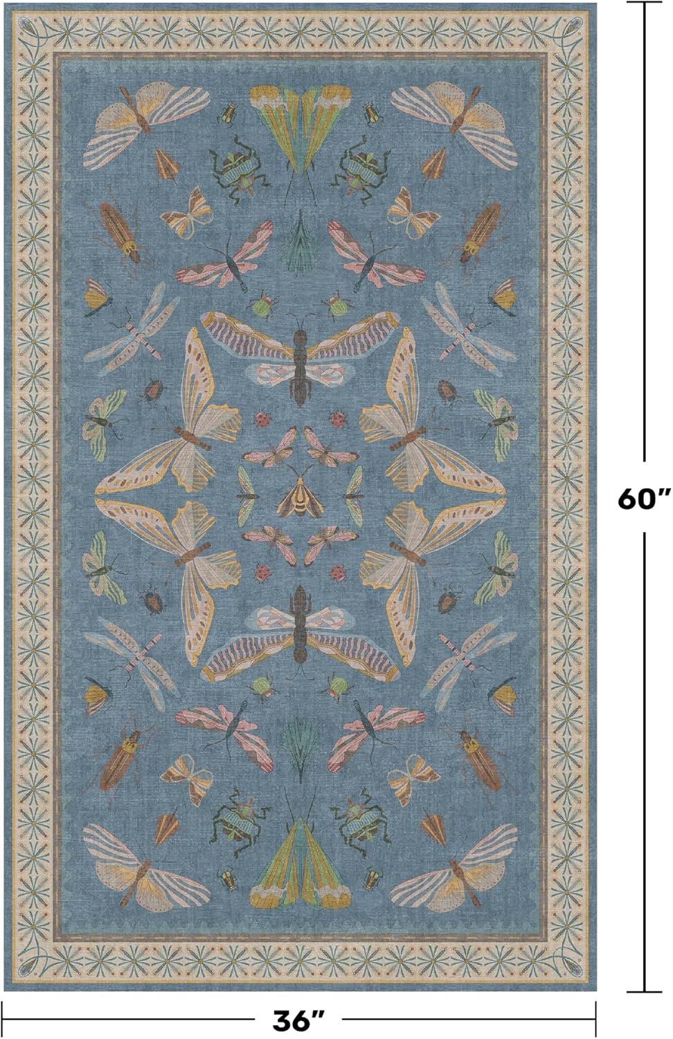 Washable Blue Rugs for Bedroom Bedside - 3x5 Laundry Room Rug for Large Kitchen, Entrance Indoor, Boho Insect Print Bug Décor, Non Slip Low Pile Fade Resistant