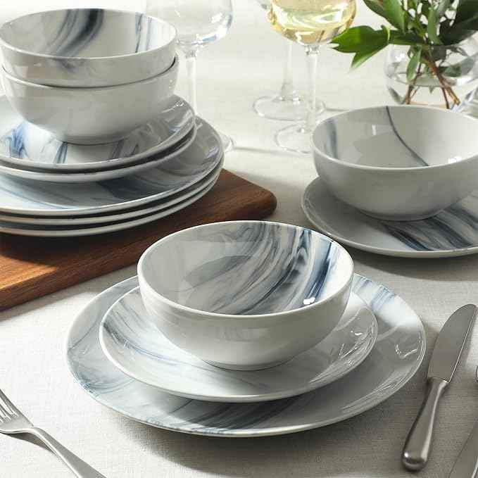 Gibson Home Cloudlight 12 Piece Plates and Bowls Dishes Blue and White - Decorated Porcelain Ceramic Dinnerware Set - Service for 4