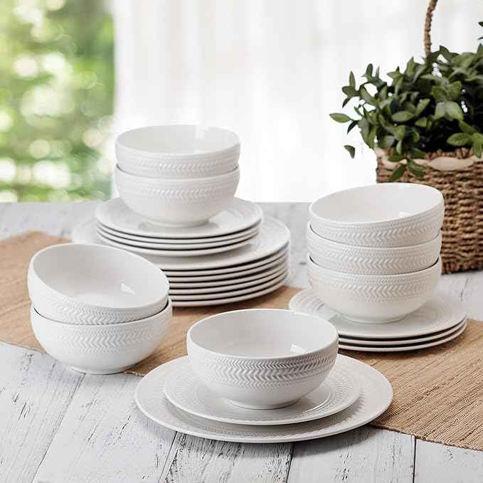 Pfaltzgraff Josephine 24-Piece Dinnerware Set, Porcelain Dish Set with Embossed Basket Weave Design, Service for 8, White Plates and Bowls Sets, Microwave and Dishwasher Safe