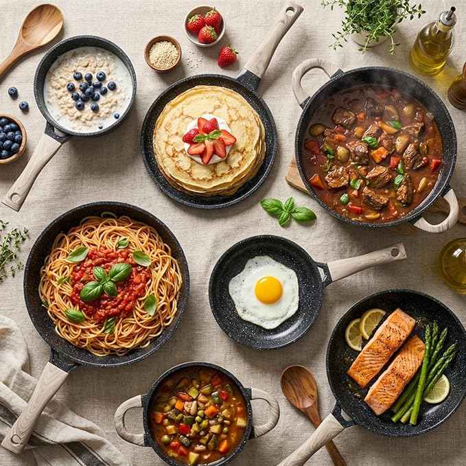 Pots and Pans Set Nonstick 22 Pcs, Ceramic cookware set Non-Toxic Coating Inky Granite Kitchen Cookware Set, Induction Kitchen Cooking Set w/Frying Pans, Saucepans & Glass Lids, PFOS & PFOA Free