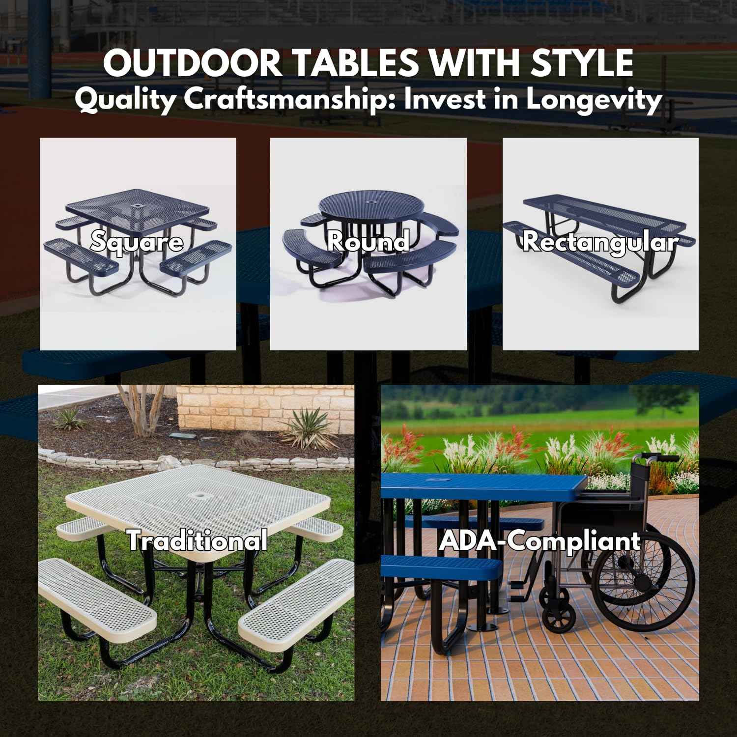 Coated Outdoor Furniture Heavy-Duty Portable Outdoor Picnic Table with Umbrella Hole, Expanded Metal Commercial-Grade Patio Dining Furniture Made in America (46" Square Game-Top, Green)