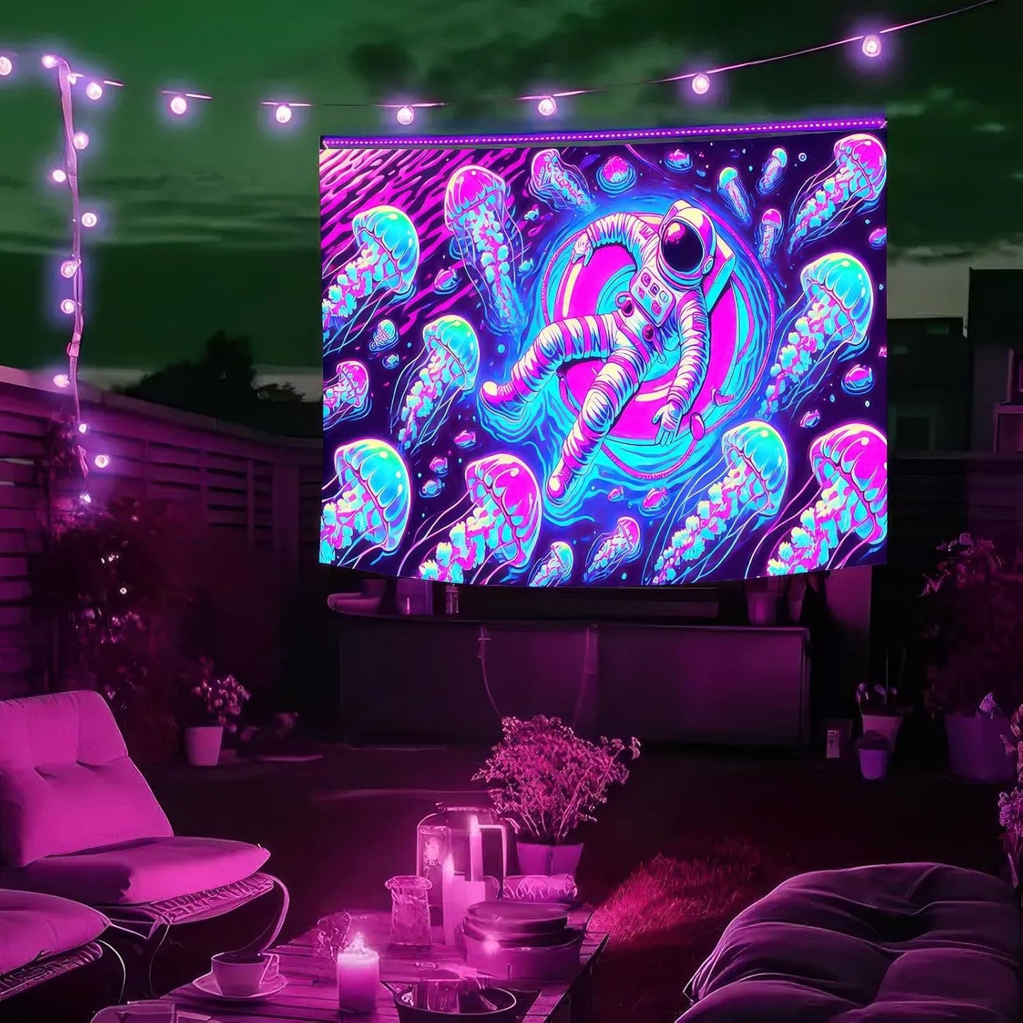 BlissYard Blacklight Tapestry Uv Reactive Tapestry Glow Tapestry 78x59 Inches Wall Tapestry Astronaut Jellyfish in Space Fluorescent Wall Hanging Neon Art Decor with Cosmic Jellyfish and Space Theme