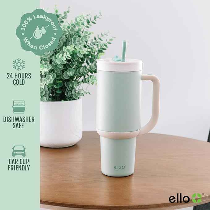 Ello Oasis 30 oz Tumbler with Handle & Retracting Straw | Reusable Insulated Stainless Steel Cup 100% Leakproof, Gifts for Teens Women Men | Keeps cold for 24 Hours, Cup Holder Friendly, Pistachio