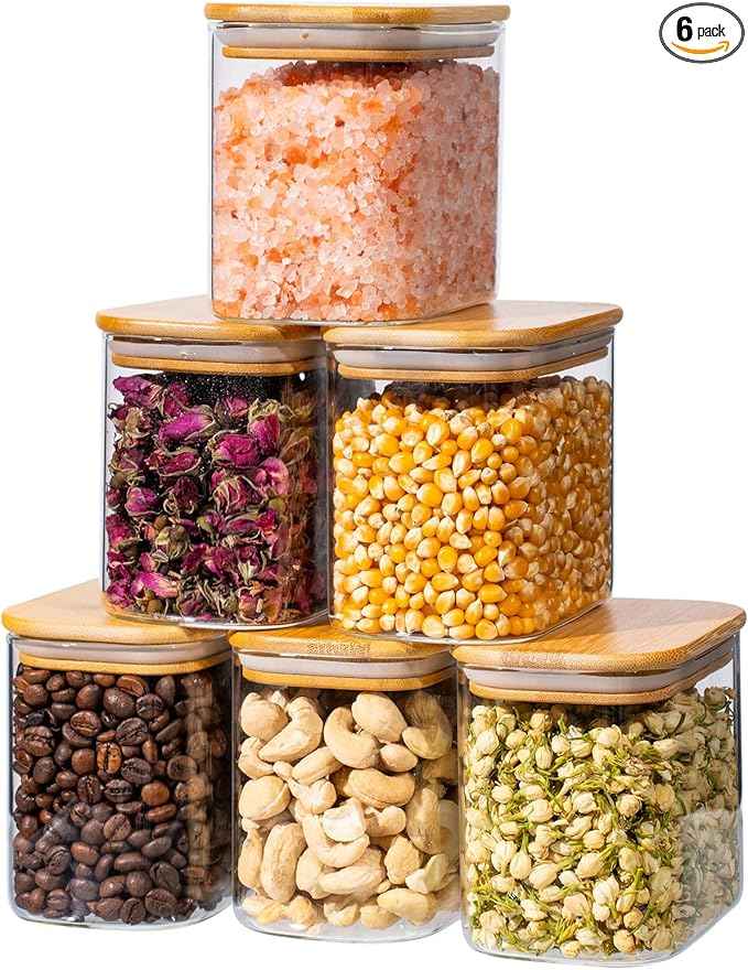 26oz 6PCS Rectangle Glass Pantry Containers with Lids, Glass Jars with Lids, Clear Food Storage Jars, Small Canister for Salt, Pepper, Spices, Nuts, Loose Tea, Coffee, Sugar, Candy