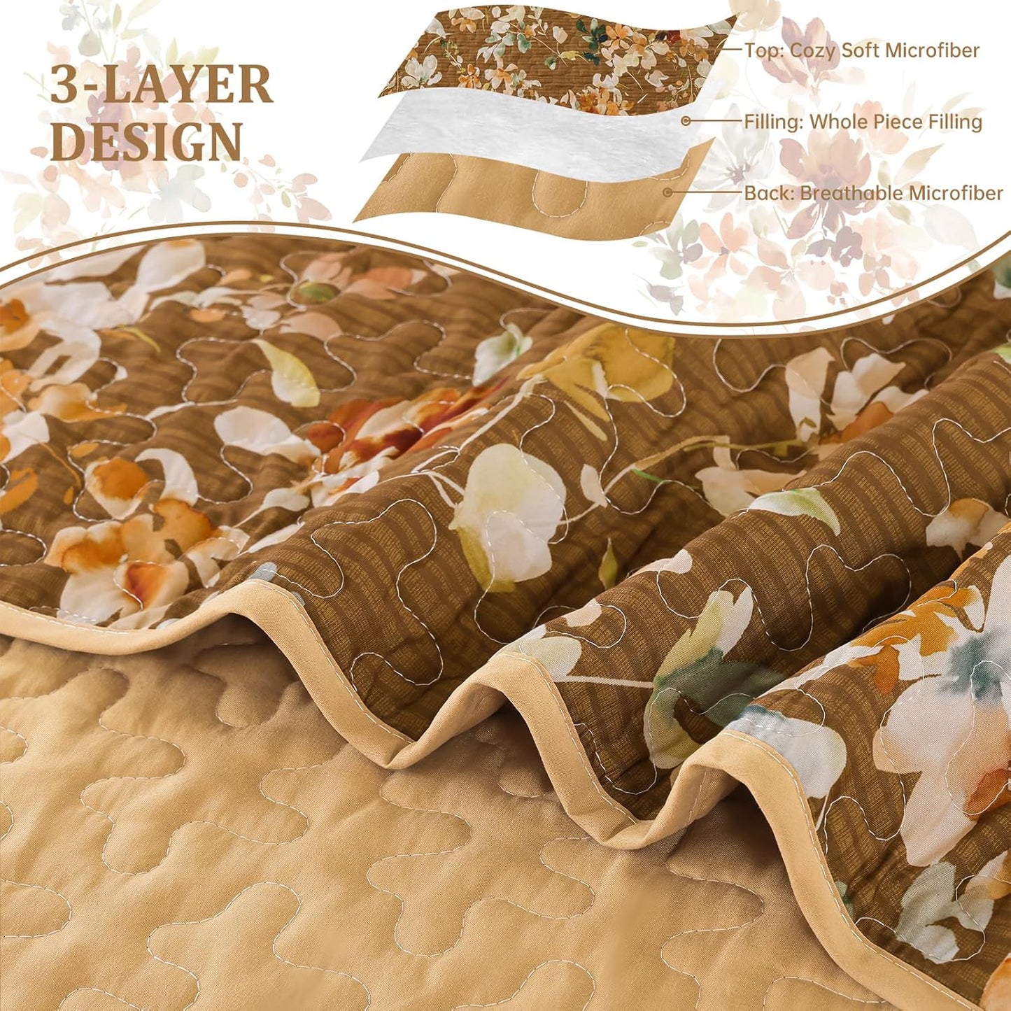 Dobuyly Brown Quilt Set Queen Size, Floral Bedspreads Coverlet Set, 3 Pieces Soft Lightweight Microfiber Farmhouse Botanical Quilt Bedding Set for All Seasons 96"x90"