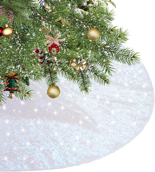 Eternal Beauty Christmas Tree Skirt, 24 Inch White Iridescent Sequin Tree Skirt Small Xmas Tree Skirt for Christmas Tree Decorations