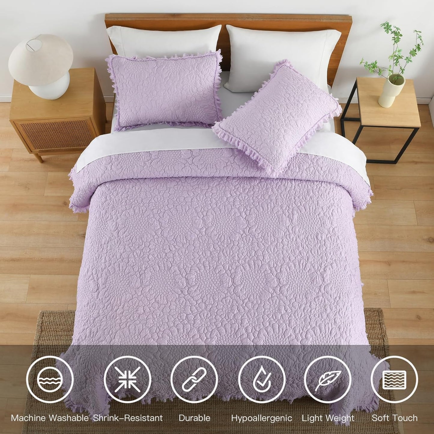 HORIMOTE HOME Lavender Ruffled Quilt King Size, Stone-Washed Microfiber Lightweight Crinkled Farmhouse Rustic Shabby Chic Bedding Set, 3 Pieces Reversible Bedspread with Pillow Shams for All Season