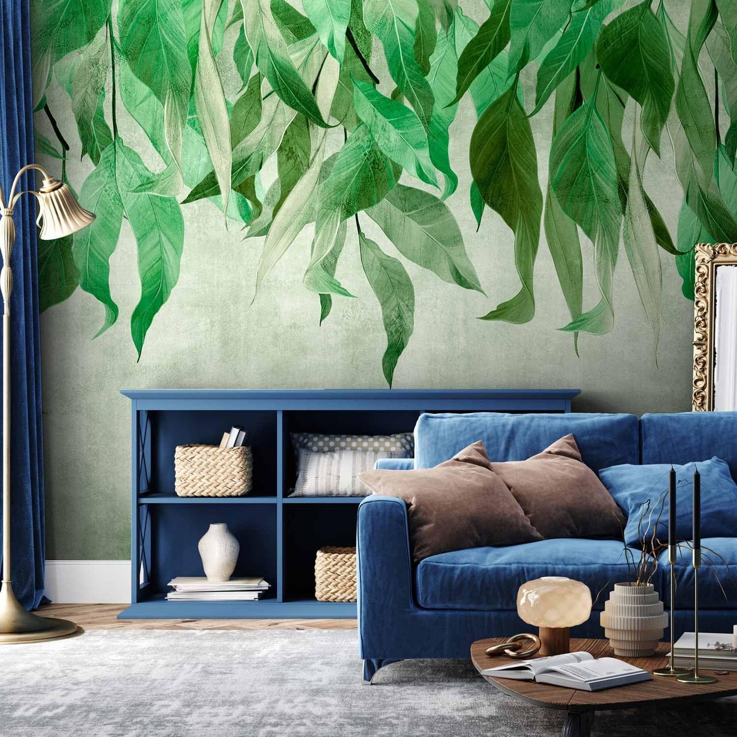 artgeist Wall Mural Hanging Leaves 173x124 in - Peel and Stick Self-Adhesive Wallpaper Removable Large Sticker Foil Wall Decor Print Picture Image Design Nature Botanical Concrete Green b-C-10146-a-a