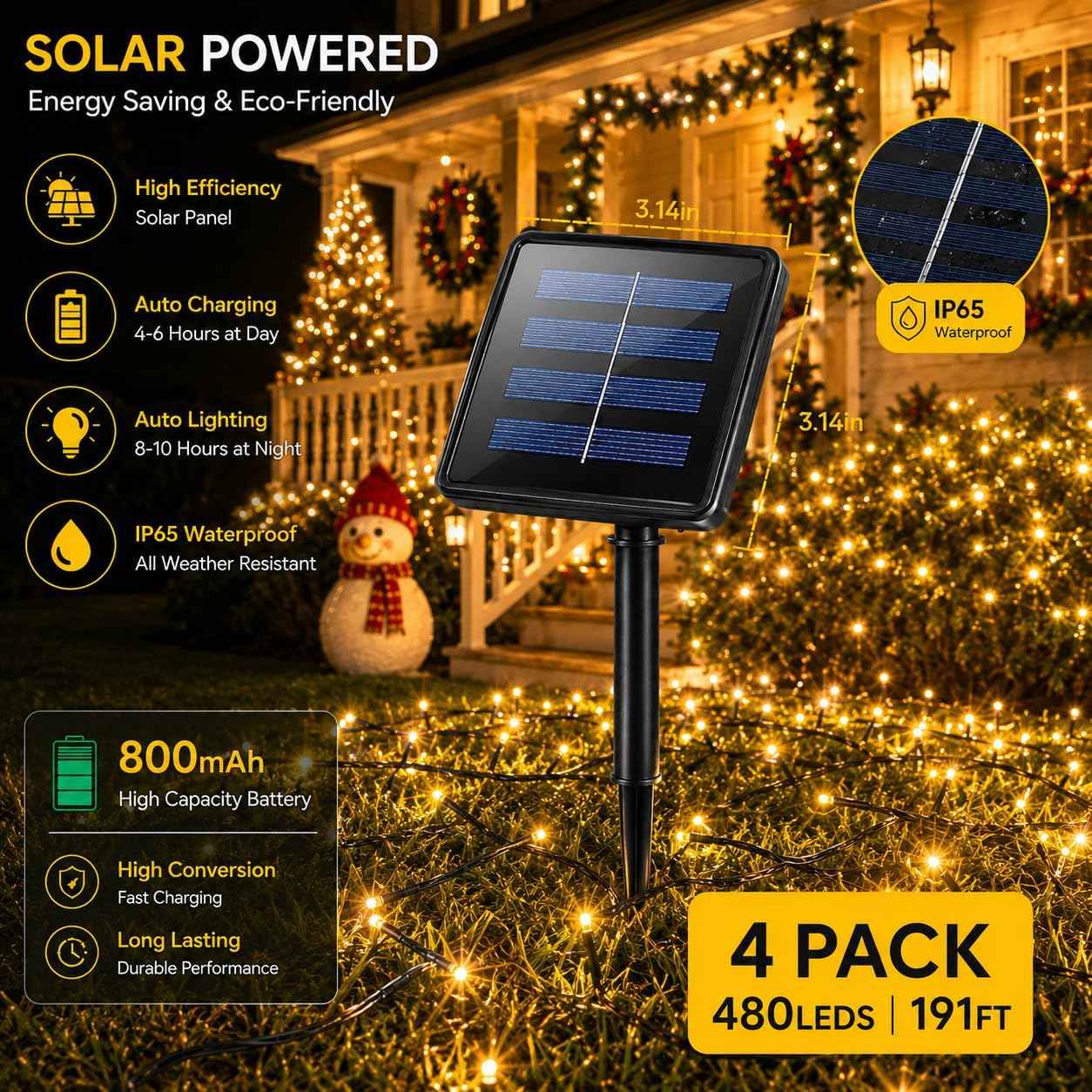 4Pack Solar String Lights Outdoor Waterproof Brightness 480LEDs Powered Total 191Ft Fairy Light 8 Modes Green Wire Lamps for for Christmas Tree Outside Garden Yard Xmas Decor(Warm White)