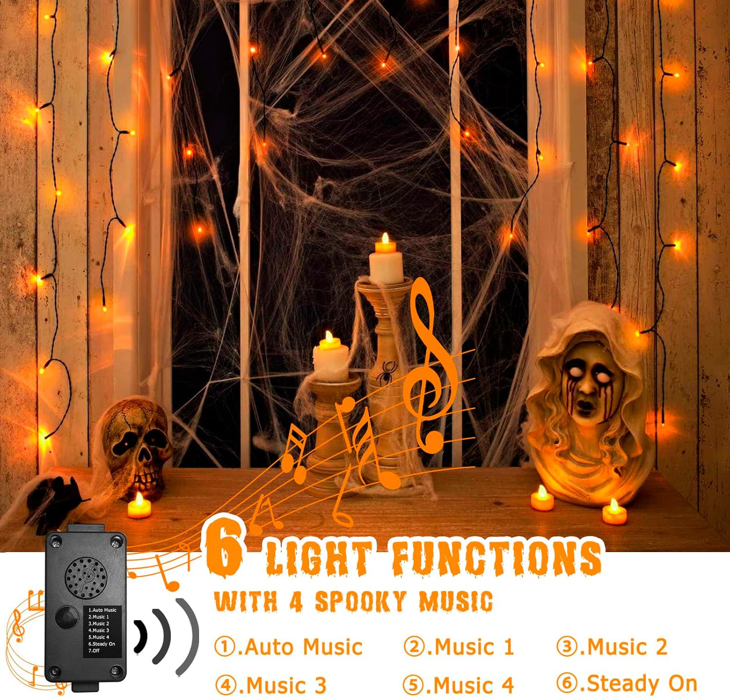 PEIDUO Halloween Lights, 82 FT 200 LED Orange String Lights, Motion Sensor Halloween Decorations, Twinkle Fairy Lights with Spooky Music for Outdoor Decor, Party Yard Indoor Outside Decoration