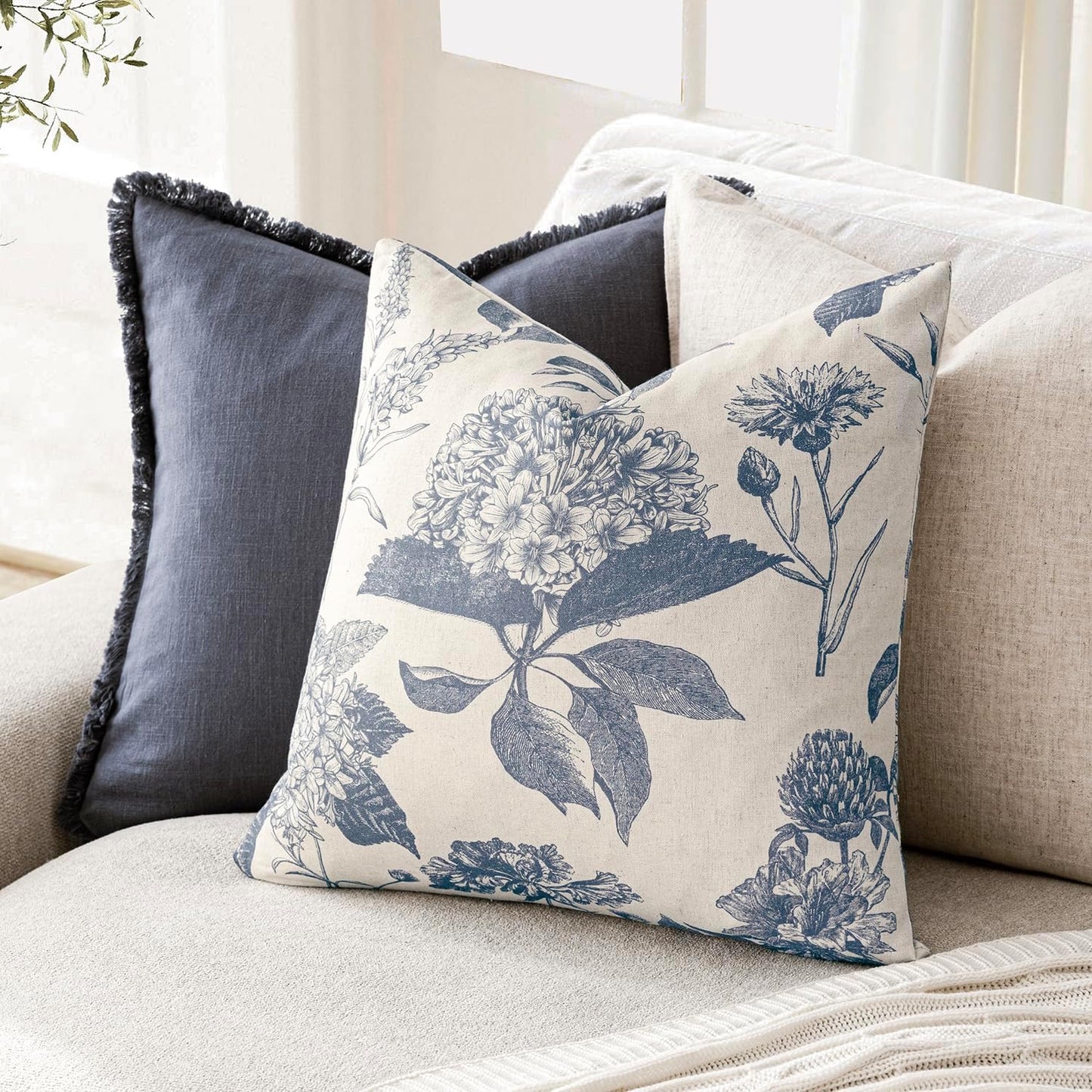 Foindtower Set of 2 Linen Floral Vintage Throw Pillow Covers Neutral Accent Print Decorative Cushion Covers Farmhouse Boho Home Decor for Sofa Chair Couch Bedroom Living Room Outdoor,22×22 Inch,Blue