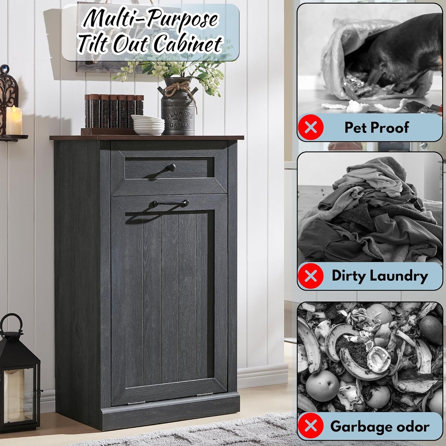 Tilt Out Laundry Hamper Cabinet, 10 Gallon Farmhouse Trash Can Cabinet with Drawer, Hidden Wood Garbage Can Bin Cabinet with Laundry Storage Basket for Bathroom, Kitchen, Dark Grey