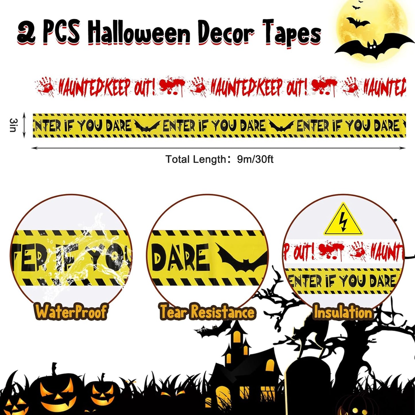 Halloween Decorations, 5 Sheets Wall Decals-Bloody Handprint Stickers, 2 Pack Halloween Banners and 2 PCS Caution Tape Rolls 3inx30ft for Haunted Mansion, Outdoor, Indoor, Party Decor
