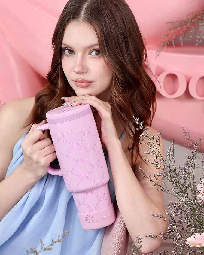 40 oz Insulated Tumbler with Handle and Push-Button Straw Lid, Stainless Steel Travel Cup for Gym Office, Leakproof, BPA-Free, Cup Holder Friendly, Bow Silicone Boot, Purple (Tulip Lilac)